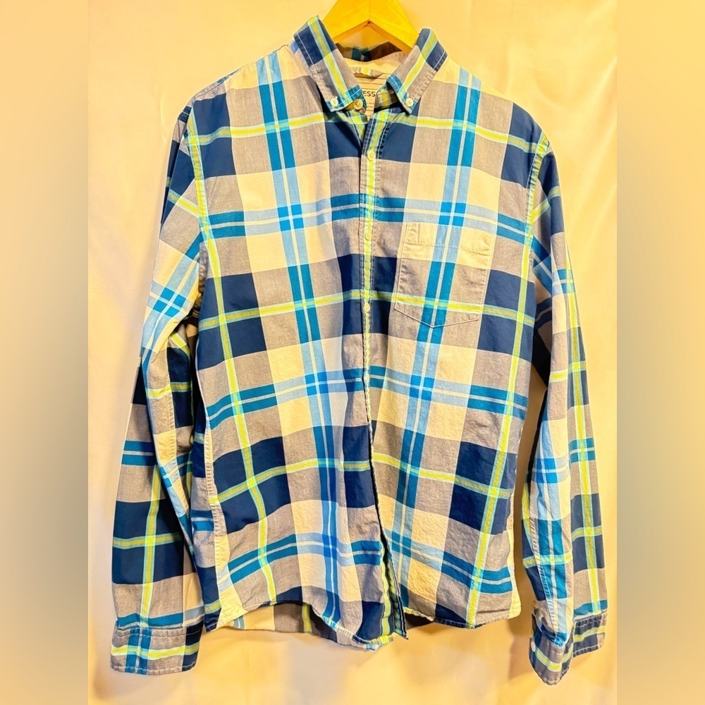 Men's Express Slim fit Soft wash blue white and green button up plaid shirt